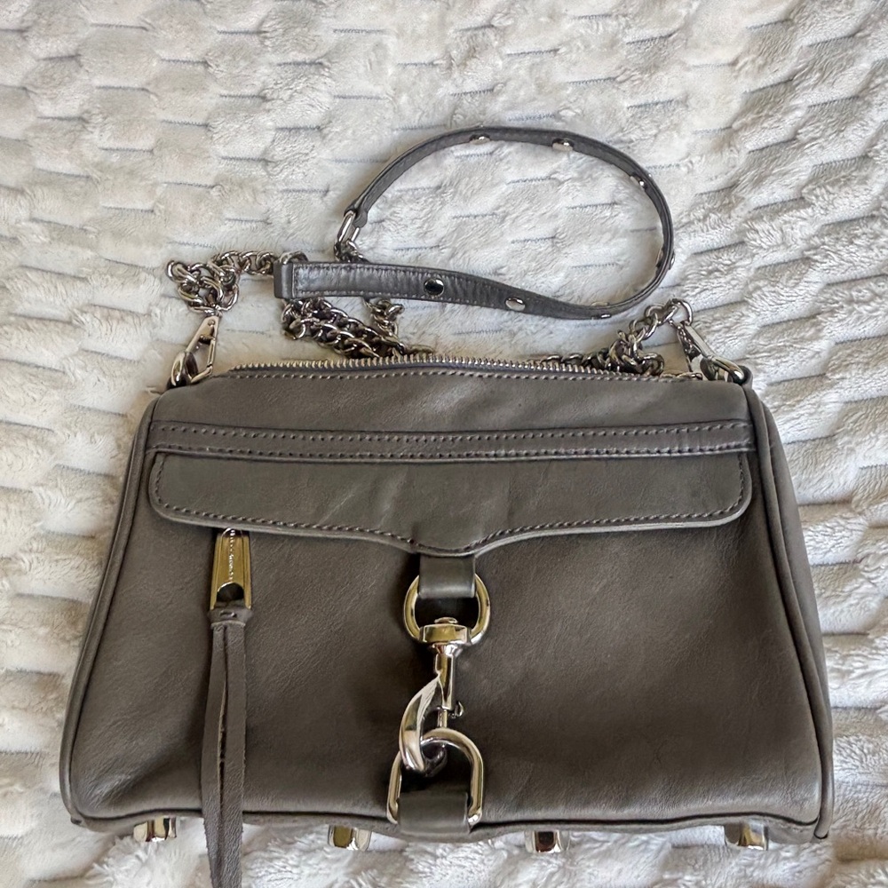 Rebecca Minkoff Mini MAC Taupe Grey Leather Crossbody Silver Hardware